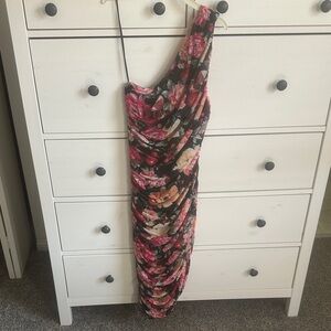 Express Black and Pink Floral One-Shoulder Dress